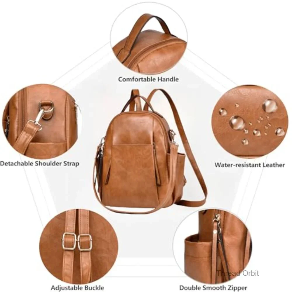 Leather Mini Backpack Purse for Women, Convertible Shoulder Bag, 8 Pockets